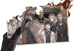  3girls 4boys ace_attorney angel_starr bandana beard bow bowtie bright_pupils bruce_goodman burning burning_photo buttons chinstrap_beard closed_eyes closed_mouth commentary cowboy cowboy_hat cowboy_western damon_gant double-breasted earrings ema_skye english_commentary eyewear_on_head facial_hair fire gloves group_picture hand_up hat height_difference highres holding holding_photo hoop_earrings jacket jake_marshall jewelry lana_skye lapels long_hair looking_at_viewer military_dress_uniform military_uniform mini_hat multiple_boys multiple_girls neil_marshall notched_lapels one_eye_covered open_clothes open_jacket phoenix_wright:_ace_attorney photo_(object) scarf sepia siblings simple_background sisters smile sunglasses upper_body watera111 white_background 