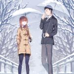  1boy 1girl :o bare_tree beard_stubble black_coat black_hair black_pantyhose brown_coat brown_hair coat collared_shirt dress_shirt facial_hair grey_pants hand_in_pocket height_difference holding holding_umbrella jacket long_hair long_sleeves looking_at_another makise_kurisu namari necktie okabe_rintarou open_mouth outdoors pants pantyhose purple_eyes purple_trim red_necktie science_adventure shirt short_hair snow snowing standing steam steam_from_mouth steins;gate stubble tongue tree umbrella white_shirt winter winter_clothes winter_coat yellow_eyes 