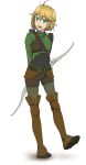  1girl ahoge anime_coloring arms_behind_back arrow_(projectile) belt blonde_hair boots bow_(weapon) brown_boots elf fio_(sayonara_ryuusei) full_body green_belt green_shirt holding holding_bow_(weapon) holding_weapon kawashige_nozomi long_pointy_ears long_sleeves looking_at_viewer muneate official_art open_mouth pointy_ears sayonara_ryuusei_konnichiwa_jinsei shirt short_hair short_shorts shorts simple_background solo standing teeth thigh_boots transparent_background weapon 