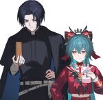  1boy 1girl bandaged_arm bandaged_hand bandages bat_ornament belt belt_pouch bianca_(black_survival) bianca_(transfer_student)_(black_survival) bible_(object) black_choker black_coat black_hair black_neckerchief black_survival blood blood_bag blue_hair book bow choker clerical_collar closed_eyes coat coat_on_shoulders commentary cossack cropped_shirt cross crossed_bangs double-parted_bangs eternal_return:_black_survival expressionless facing_down fang fingernails grey_eyes hair_between_eyes hair_bow hand_on_own_hip head_down height_difference highres holding holding_book johann_(black_survival) lapels large_bow latin_cross light_blush light_smile long_hair long_sleeves looking_to_the_side looking_up midriff nail_polish neckerchief notched_lapels pale_skin pouch priest red_bow red_eyes red_nails red_serafuku red_shirt red_skirt sailor_collar sailor_shirt school_uniform serafuku shirt short_hair side-by-side simple_background skirt sp0i0ppp star-shaped_pupils star_(symbol) symbol-only_commentary symbol-shaped_pupils upper_body upturned_eyes vampire very_short_hair white_background white_belt white_sailor_collar 