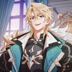  1boy :d armor artist_name black_jacket black_shirt blonde_hair blue_eyes breastplate curtains fur-trimmed_jacket fur_trim game_screenshot_background genshin_impact hair_between_eyes hashtag-only_commentary highres indoors jacket lapels light_particles looking_at_viewer male_focus open_clothes open_jacket open_mouth parted_bangs pauldrons scar scar_on_cheek scar_on_face scar_on_neck screenshot_background shield shirt shokun_2 short_hair shoulder_armor signature single_pauldron smile solo sword teeth upper_body upper_teeth_only v-shaped_eyebrows varka_(genshin_impact) weapon window 