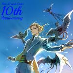  1boy angel anniversary belt biblically_accurate_angel blonde_hair blue_eyes blue_sky bow bowtie coat coattails collared_shirt commentary curly_hair falling_feathers fate/grand_order fate_(series) feathers grin lapels looking_at_viewer male_focus open_clothes open_coat outstretched_arms peaked_lapels pfalz shirt short_hair sky smile solo tuxedo white_bow white_bowtie white_coat white_shirt wing_collar wolfgang_amadeus_mozart_(fate) wolfgang_amadeus_mozart_(fgo_fes._2025)_(fate) yellow_belt 