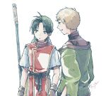  2boys antenna_hair artist_name bandana belt black_belt black_hair blonde_hair brown_gloves gensou_suikoden gensou_suikoden_i gloves gold_trim green_bandana green_jacket holding holding_staff jacket looking_at_another luc_(suikoden) male_focus michibata_65 multiple_boys parted_bangs parted_lips red_tunic shirt short_hair staff tir_mcdohl torn_clothes torn_sleeves tunic very_short_hair white_background white_shirt 