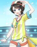  1girl :d aqua_eyes arm_at_side backwards_hat baseball_cap blue_eyes blush brown_hair cowboy_shot earpiece hachikuma_(waddle-d) hand_up hat highres hololive long_shirt looking_afar looking_ahead loose_clothes loose_shirt megaphone oozora_subaru oozora_subaru_(1st_costume) open_mouth oversized_clothes oversized_shirt red_hat shading_eyes shirt short_hair shorts smile solo stage stopwatch stopwatch_around_neck striped_clothes striped_shirt swept_bangs t-shirt towel two-tone_headwear two-tone_shirt vertical-striped_clothes vertical-striped_shirt virtual_youtuber whistle whistle_around_neck white_hat white_shirt white_shorts wristband yellow_shirt 