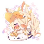  1girl :&lt; above-cleavage_cutout animal_ear_fluff animal_ears bare_shoulders blonde_hair blue_archive breasts chibi closed_mouth clothing_cutout commentary_request covered_navel diamond_cutout extra_ears fox_ears fox_girl full_body hair_over_one_eye halo innertube jacket long_hair long_sleeves looking_at_viewer off_shoulder one-piece_swimsuit open_clothes open_jacket orange-tinted_eyewear palm_tree pink_eyes puffy_long_sleeves puffy_sleeves saeki_sora sandals seia_(blue_archive) seia_(swimsuit)_(blue_archive) shoe_soles side_ponytail sleeves_past_fingers sleeves_past_wrists small_breasts solo sunglasses swim_ring swimsuit swimsuit_under_clothes tinted_eyewear tree twitter_username visor_cap watermark white_innertube white_one-piece_swimsuit yellow_halo yellow_jacket yellow_sandals yellow_visor 