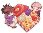  2boys artist_name black_hair black_jacket chibi chibi_only choso_(jujutsu_kaisen) eating from_above itadori_yuuji jacket jujutsu_kaisen jujutsu_tech_uniform male_focus multiple_boys pink_hair purple_scarf robe scar scar_on_face scarf school_uniform short_hair short_twintails ttnoooo twintails twitter_username undercut white_background white_robe 