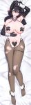  1girl armlet black_death black_gloves blush breasts brown_dust_(series) brown_dust_2 closed_mouth covered_nipples cross cross_pasties dakimakura_(medium) full_body gloves groin heart_maebari highres hiphighs jewelry large_breasts lips loen_(brown_dust_2) loen_(celebrity_bunny)_(brown_dust_2) looking_at_viewer lying maebari medium_hair navel on_back on_bed pantyhose pasties purple_eyes purple_hair reverse_bunnysuit reverse_outfit short_twintails solo spiked_armlet stomach toes torn_clothes torn_pantyhose twintails 