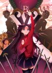  1girl 2boys archer_(fate) black_hair black_skirt black_thighhighs blue_eyes body_markings breasts cowboy_shot eladb_art emiya_shirou fate/stay_night fate/unlimited_blade_works fate_(series) gem glowing hair_ribbon hair_slicked_back half_updo hand_on_own_chest hand_up highres jewelry long_hair medium_breasts multiple_boys parted_bangs parted_lips pendant planted planted_sword pleated_skirt red_gemstone red_shirt ribbon shirt short_hair skirt sword thighhighs tohsaka_rin turtleneck twintails twitter_username unlimited_blade_works_(reality_marble) weapon zettai_ryouiki 