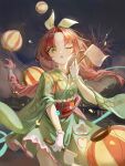  1girl ;o absurdres arknights chinese_commentary commentary_request cowboy_shot fang flag frills gloves green_eyes green_kimono hair_intakes highres holding holding_flag japanese_clothes kimono light_blush long_hair myrtle_(arknights) myrtle_(bustling_festival)_(arknights) official_alternate_costume one_eye_closed open_mouth pointy_ears red_hair red_sash sash solo standing white_flag white_gloves wide_sleeves wo_yao_dang_xiongmao 