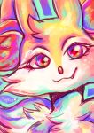  braixen commentary creature english_commentary eyelashes face fang flufflixx heart highres looking_at_viewer multicolored multicolored_eyes no_humans pokemon pokemon_(creature) purple_eyes signature solo 