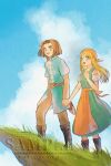  1boy 1girl apron aqua_dress aqua_shirt artist_name bandana bare_shoulders belt black_boots blonde_hair blue_eyes boots breasts brown_belt brown_hair brown_pantyhose cloud_strife detached_sleeves dragon_quest dragon_quest_xi dress emma_(dq11) german_clothes grass hair_between_eyes hand_on_own_chest hero_(dq11) highres holding_hands long_hair medium_breasts mouyi open_mouth orange_apron orange_bandana pantyhose parted_bangs red_bandana sample_watermark shirt short_hair smile waist_apron watermark weapon weapon_on_back white_sleeves 