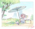  1girl ^_^ animal blue_capelet blue_flower blue_hanfu blue_shoes border bouquet capelet cat chair chibi chinese_clothes chinese_commentary cloak closed_eyes clothed_animal collared_capelet commentary_request copyright_name ear_covers falling_leaves flower flying_sweatdrops hair_ornament hair_rings hanfu happy highres hill holding holding_flower hood hood_up hooded_cloak infinity_nikki leaf light_particles long_sleeves lotus mandarin_collar momo_(nikki) mountainous_horizon nikki_(nikki) nikki_(series) oil-paper_umbrella on_chair on_table open_mouth parted_bangs pink_hair pom_pom_(clothes) pom_pom_hair_ornament shoes short_hair_with_long_locks sitting smile standing table teeth thought_in_bloom_(infinity_nikki) tree trembling umbrella upper_teeth_only white_border white_cat white_flower wide_sleeves yellow_cloak yellow_flower yunjian 