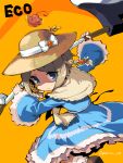  1girl axe baby_animal bird blonde_hair blue_dress blue_eyes boots braid brown_boots capelet chick dress emil_chronicle_online frilled_dress frills hat hat_ribbon holding holding_axe pasutee_369 ribbon socks standing standing_on_one_leg starler_alma straw_hat two-tone_dress white_ribbon white_socks yellow_capelet 