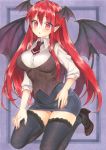  1girl :o ascot bangs black_footwear black_legwear black_skirt black_vest blush breasts commentary_request demon_tail demon_wings eyebrows_visible_through_hair hair_between_eyes head_wings high_heels highres koakuma large_breasts long_hair long_sleeves looking_at_viewer miniskirt mugicha_(mugicha0929) outside_border parted_lips pencil_skirt pointy_ears purple_background red_eyes red_hair red_neckwear seiza shirt sidelocks sitting skirt solo tail thighhighs thighs touhou traditional_media very_long_hair vest white_shirt wings zettai_ryouiki 