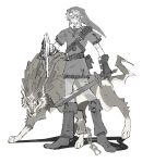 armor boots broken broken_chain chain chainmail clenched_teeth dual_persona fingerless_gloves full_body gloves greyscale hair_between_eyes highres holding holding_shield holding_sword holding_weapon jaysoysaucee link male_focus monochrome phrygian_cap pointy_ears sharp_teeth shield short_hair sidelocks swept_bangs sword teeth the_legend_of_zelda the_legend_of_zelda:_twilight_princess tunic vambraces weapon white_background wolf wolf_link 