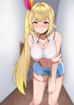  1girl bangs bare_shoulders black_choker blonde_hair blue_shorts blurry blurry_background blush breasts choker cleavage clenched_teeth collarbone commentary_request crop_top embarrassed hair_ornament hair_ribbon half-closed_eyes heterochromia highres hoshikawa_sara indoors large_breasts leaning_forward long_hair looking_at_viewer maanii midriff multicolored_hair navel nijisanji nose_blush orange_eyes parted_lips peeing peeing_self pink_eyes ribbon shiny shiny_skin shirt short_shorts shorts side_ponytail side_slit skindentation sleeveless sleeveless_shirt solo standing steam streaked_hair sweat tears teeth thigh_strap tied_hair two-tone_hair very_long_hair virtual_youtuber wet wet_clothes white_shirt x_hair_ornament 
