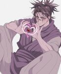  1boy artist_name black_hair brown_eyes choso_(jujutsu_kaisen) closed_mouth facial_mark feet_out_of_frame furrowed_brow heart heart_hands jujutsu_kaisen looking_at_viewer male_focus pants purple_scarf scarf shirt short_hair short_twintails sitting solo sweatdrop ttnoooo twintails twitter_username white_background white_pants white_shirt wide_sleeves 