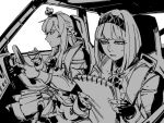  2girls ark_royal_(kantai_collection) bangs blunt_bangs bob_cut braid car car_interior cleavage_cutout corset crown cup dress fingerless_gloves flower french_braid gloves ground_vehicle hairband inverted_bob jacket kantai_collection long_hair long_sleeves mini_crown monochrome motor_vehicle multiple_girls off-shoulder_dress off_shoulder reading rose ruukii_drift short_hair sweat sweatdrop tea teacup thighhighs tiara tsurime warspite_(kantai_collection) 