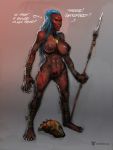  2020 3:4 abs athletic big_breasts breasts claws dialogue digital_media_(artwork) female hair mask melee_weapon neurodyne nipples not_furry nude polearm simple_background spear text weapon 