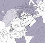  2boys artist_name black_jacket choso_(jujutsu_kaisen) facial_mark greyscale grin itadori_yuuji jacket jujutsu_kaisen jujutsu_tech_uniform looking_at_viewer male_focus monochrome multiple_boys parted_bangs parted_lips scar scar_on_face scar_on_forehead scarf school_uniform shirt short_hair short_twintails smile spiked_hair teeth ttnoooo twintails undercut upper_body white_background white_shirt yaoi 