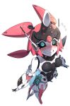  1girl absurdres android aqua_eyes blush breasts chakkab flying_sweatdrops foreshortening full_body highres medium_breasts nose_blush robot_girl simple_background solo sweatdrop wavy_mouth white_background yutane_johiel zenless_zone_zero 