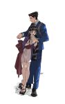  1boy 1girl ace_attorney badge beads black_hair black_shoes blue_jacket blue_pants buckle button_badge checking_watch collared_shirt cup drinking drinking_straw expressionless geta hair_beads hair_ornament hanten_(clothes) highres holding holding_cup jacket japanese_clothes kimono long_hair low-tied_long_hair low-tied_sidelocks maya_fey necktie obi omen_hohoho open_mouth pants phoenix_wright pink_kimono purple_jacket red_necktie red_sash ring_hair_ornament sandals sash shirt shoes short_hair sidelocks signature spiked_hair topknot watch white_background white_shirt wristwatch zouri 