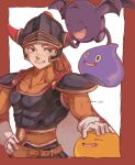  1boy :d armor belt belt_buckle blue_armor blue_helmet bodysuit border brown_belt buckle cape collarbone commentary_request covered_abs covered_pectorals dracky dragon_quest dragon_quest_i fake_horns fangs gloves grey_eyes grin hand_on_own_hip helmet hero_(dq1) highres horned_helmet horns looking_to_the_side male_focus muscular muscular_male open_mouth orange_bodysuit pectorals petting plume red_border red_cape she-slime slime_(dragon_quest) smile twitter_username two-sided_cape two-sided_fabric umim_3333 upper_body white_cape white_gloves 