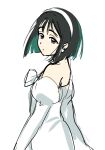  1girl alien_stage bare_shoulders black_hair bow bowtie dress earrings expressionless from_behind hairband highres himuhino jewelry looking_back off-shoulder_dress off_shoulder puffy_sleeves purple_eyes simple_background solo sua_(alien_stage) white_background white_bow white_bowtie white_dress white_hairband 