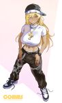  1girl abs absurdres backwards_hat bandana baseball_cap black_pants bling blonde_hair blush borrowed_character bracelet breasts chain chain_necklace commentary commission crop_top cropped_shirt dark-skinned_female dark_skin earrings english_commentary eyes_visible_through_hair fake_nails fingernails fiona_(hpontiqtonicq) full_body gold_bracelet gold_jewelry gold_necklace gold_ring grin gyaru hair_over_one_eye hat highres hip_hop jewelry large_breasts legs_apart letter_earrings letter_pendant long_fingernails long_hair looking_at_viewer midriff multiple_rings navel necklace original panties pants panty_peek park_ongjol red_nails ring shirt shoes short_sleeves smile sneakers solo standing streetwear thumb_in_pocket underwear untied_shoelaces watch white_bandana white_shirt wristwatch yellow_eyes 