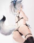  1girl animal_ears arm_strap ass bare_shoulders black_bra black_legwear black_panties blue_eyes bra bracelet cowboy_shot fox_ears fox_girl fox_tail from_behind hair_ornament hand_on_own_ass hand_up highres jewelry leg_belt lingerie long_hair looking_at_viewer looking_back original panties parted_lips partially_visible_vulva ponytail side-tie_panties silver_hair skindentation solo tail thighhighs underwear underwear_only yatsuha_(hachiyoh) 