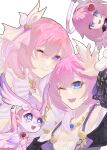 4girls ;o blue_eyes breasts chinese_commentary coat color_connection commentary_request company_connection corset cyrene_(honkai:_star_rail) diamond-shaped_pupils diamond_(shape) dress elf_elysia elysia_(herrscher_of_human:_ego)_(honkai_impact) elysia_(honkai_impact) finger_gun gloves hair_color_connection hair_ornament halo highres honkai:_star_rail honkai_(series) honkai_impact_3rd inoue_marina jewelry large_breasts long_hair mem_(honkai:_star_rail) moxingyu661 multicolored_hair multiple_girls necklace one_eye_closed pink_hair purple_coat purple_eyes short_hair simple_background small_breasts star-shaped_pupils star_(symbol) symbol-shaped_pupils two-tone_hair very_long_hair voice_actor_connection white_background white_corset white_dress white_gloves white_hair 