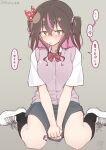  1girl absurdres artist_name between_legs black_socks blush bow bowtie brown_background brown_eyes brown_hair cardigan collared_shirt commentary_request covering_crotch covering_privates dated dot_nose hair_bow hair_ribbon hand_between_legs highres hiyama_moko looking_at_viewer mukai_rinjin multicolored_hair nose_blush original pink_hair pleated_skirt polka_dot polka_dot_bow purple_cardigan red_bow red_bowtie ribbon school_uniform shirt shoes short_sleeves simple_background skirt sneakers socks solo speech_bubble streaked_hair translated twitter_username v-shaped_eyebrows v_arms white_shirt white_shoes 