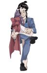  1boy 1girl ace_attorney barefoot beads black_eyes black_hair black_shoes blue_jacket blue_pants collared_shirt hair_beads hair_ornament hand_on_another&#039;s_thigh hanten_(clothes) highres hug interlocked_legs jacket long_hair looking_at_viewer low-tied_sidelocks maya_fey necktie obi omen_hohoho open_mouth pants phoenix_wright purple_jacket red_necktie red_sash sash shirt shoes short_hair sidelocks signature smile spiked_hair topknot white_background white_shirt 