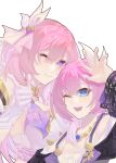  2girls ;o blue_eyes breasts chinese_commentary coat color_connection commentary_request company_connection corset cyrene_(honkai:_star_rail) diamond-shaped_pupils diamond_(shape) dress elysia_(herrscher_of_human:_ego)_(honkai_impact) elysia_(honkai_impact) finger_gun gloves hair_color_connection hair_ornament highres honkai:_star_rail honkai_(series) honkai_impact_3rd inoue_marina jewelry large_breasts long_hair moxingyu661 multicolored_hair multiple_girls necklace one_eye_closed pink_hair purple_coat purple_eyes short_hair simple_background small_breasts symbol-shaped_pupils two-tone_hair very_long_hair voice_actor_connection white_background white_corset white_dress white_gloves white_hair 
