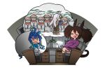  2girls 3girls ahoge ajirogasa animal_ears blue_eyes blue_hair brown_hair clock closed_eyes desk_lamp ear_ornament fang grey_hair hamu_koutarou hat heterochromia highres horse_ears horse_girl horse_tail imagining inari_one_(umamusume) indoors lamp long_hair multiple_girls night oguri_cap_(umamusume) on_bed open_mouth skin_fang sleepwear snow straw_cape stuffed_toy tail tree twin_turbo_(umamusume) twintails umamusume wrapped_in_blanket 