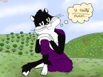 2025 3_toes 4:3 4_fingers anthro barefoot black_eyes blue_sky causal_adam closed_smile clothing domestic_cat feet felid feline felis female fingers french_text gown grass hill looney_tunes mammal mouth_closed nipples penelope_pussycat plant purple_clothing purple_gown sitting sitting_on_ground sky smile solo text thought_bubble toes tree tuxedo_cat warner_brothers whiskers white_feet white_hands