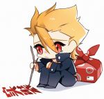  1boy archer_(fate/prototype) blonde_hair character_name chibi crying fate/prototype fate_(series) kiki7 leg_hung male_focus package red_eyes sitting solo stick tears writing 