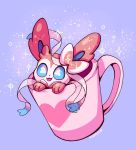  blue_eyes creature cup flufflixx heart highres in_container in_cup mug no_humans pokemon pokemon_(creature) purple_background ribbon signature simple_background solo sparkle sylveon 