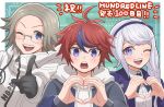  1girl 2boys :d ahoge aotsuki_eito black_gloves black_hairband black_jacket black_ribbon black_streaks blue_eyes blue_jacket border braid collared_shirt commentary_request copyright_name glasses gloves green_background grey_hair grey_jacket hairband heart heart_hands highres hood hoodie jacket jacket_over_hoodie kirifuji_nozomi long_hair looking_at_viewer multicolored_hair multicolored_jacket multiple_boys neck_ribbon one_eye_closed open_mouth outside_border pointing pointing_at_viewer purple_eyes red_hair ribbon shirt short_hair smile ss_100010 streaked_hair sumino_takumi teeth the_hundred_line_-last_defense_academy- two-tone_jacket upper_teeth_only white_border white_hoodie white_jacket white_shirt 