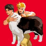ashva black_body black_fingernails black_fur black_hair black_nails blonde_hair bottomwear bracelet canid canine canis clothing colored_nails digital_drawing_(artwork) digital_media_(artwork) dio_brando domestic_dog duo eyebrows eyelashes feral fingernails fur grabbing_another hair hi_res human humanoid_face jewelry jojo&#039;s_bizarre_adventure jonathan_joestar lipstick long_fingernails looking_at_another makeup male mammal nails neck_scar pants paws red_background red_eyes red_lipstick ring simple_background upset white_body white_fur