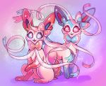  :d alternate_color commentary creature english_commentary eyelashes fang fangs flufflixx full_body gen_6_pokemon happy no_humans open_mouth pink_eyes pokemon pokemon_(creature) purple_eyes ribbon shadow shiny_pokemon signature sitting smile sparkle standing sylveon 