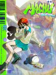  1girl adjusting_eyewear amate_yuzuriha ankle_boots aqua_shirt aqua_skirt arm_support barcode beanie black_boots black_hat boots character_name closed_mouth collared_shirt commentary_request copyright_name cover dress_shirt dvd_cover episode_title fake_cover figure_four_sitting gquuuuuux green_eyes gundam gundam_gquuuuuux hand_on_eyewear haro hat hayashiraisup highres long_sleeves looking_at_viewer looking_over_eyewear mecha mobile_suit non-humanoid_robot pleated_skirt pom_pom_(clothes) pom_pom_beanie red_hair robot school_uniform shadow shirt short_hair sitting skirt sunglasses sweater tem_ray&#039;s_circuit v-fin white_sweater 