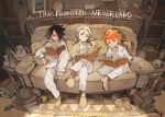  1girl 2boys ahoge artist_name barefoot black_hair book book_stack bookshelf closed_mouth collared_shirt couch cup demizu_posuka emma_(yakusoku_no_neverland) from_above full_body furry hair_over_one_eye holding holding_book lantern long_sleeves mirror multiple_boys norman_(yakusoku_no_neverland) open_book orange_hair pants ray_(yakusoku_no_neverland) reading rug shirt short_hair sitting slippers smile stuffed_animal stuffed_owl stuffed_rabbit stuffed_toy teapot too_many too_many_books white_hair white_pants white_shirt yakusoku_no_neverland 