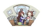  2girls animal_ears braid brown_hair character_doll closed_eyes day doll ear_ornament feeding fever hair_between_eyes hamu_koutarou highres holding holding_spoon horse_ears horse_girl horse_tail indoors long_hair mejiro_bright_(umamusume) multicolored_hair multiple_girls on_bed open_mouth side_braid sitting skirt sleepwear spoon streaked_hair tail thighhighs tsurumaru_tsuyoshi_(umamusume) umamusume 