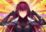  1girl bangs blush bodysuit breasts confetti double_v egasumi fate/grand_order fate_(series) hair_between_eyes hair_intakes large_breasts long_hair looking_at_viewer okitakung pauldrons purple_bodysuit purple_hair red_eyes scathach_(fate)_(all) scathach_(fate/grand_order) sei_shounagon_(fate) solo sparkle star v yellow_background 