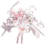  1girl arcaea boots bow breasts bug butterfly cleavage detached_wings dress floating_hair flower frilled_dress frilled_sleeves frills garter_straps gloves highres hikari_(arcaea) hikari_(fatalis)_(arcaea) long_sleeves mechanical_wings medium_breasts non-web_source parted_lips pink_bow pink_eyes pink_flower pink_hair red_butterfly sidelocks solo thigh_boots thighhighs white_dress white_gloves white_thighhighs wide_sleeves wings 