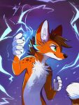  2020 5_fingers anthro aseethe brown_hair canid canine digital_media_(artwork) fingers fox fur green_eyes hair male mammal orange_body orange_fur purple_background simple_background solo white_body white_fur 