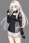  1girl an-94_(girls_frontline) bangs black_gloves blue_eyes blush breasts closed_mouth eyebrows_visible_through_hair girls_frontline gloves grey_background highres long_hair long_sleeves rabochicken sidelocks silver_hair simple_background skirt small_breasts solo tactical_clothes white_skirt 