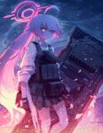  1girl absurdres ahoge blue_archive blue_eyes gun halo heterochromia highres holding holding_shield holding_weapon hoshino_(armed)_(blue_archive) hoshino_(blue_archive) long_hair moron_(miroir1120) necktie official_alternate_costume pink_hair shield shirt shotgun skirt solo weapon white_shirt 