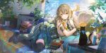  1girl artist_name black_cat black_ribbon black_thighhighs blue_bow book book_stack bow cat computer cup disposable_cup drinking_straw fern fingerless_gloves flower full_body girls&#039;_frontline girls&#039;_frontline_2:_exilium gloves green_gloves green_hair green_jacket hair_ribbon highres hitokoto holding holding_cup indoors jacket lainie_(girls&#039;_frontline_2) laptop long_hair looking_at_viewer lying on_stomach plant pocket_watch potted_plant ribbon smile star-shaped_pupils star_(symbol) sunflower symbol-shaped_pupils thighhighs ump40_(girls&#039;_frontline) unworn_jacket watch watermark weibo_username weibo_watermark yellow_eyes 